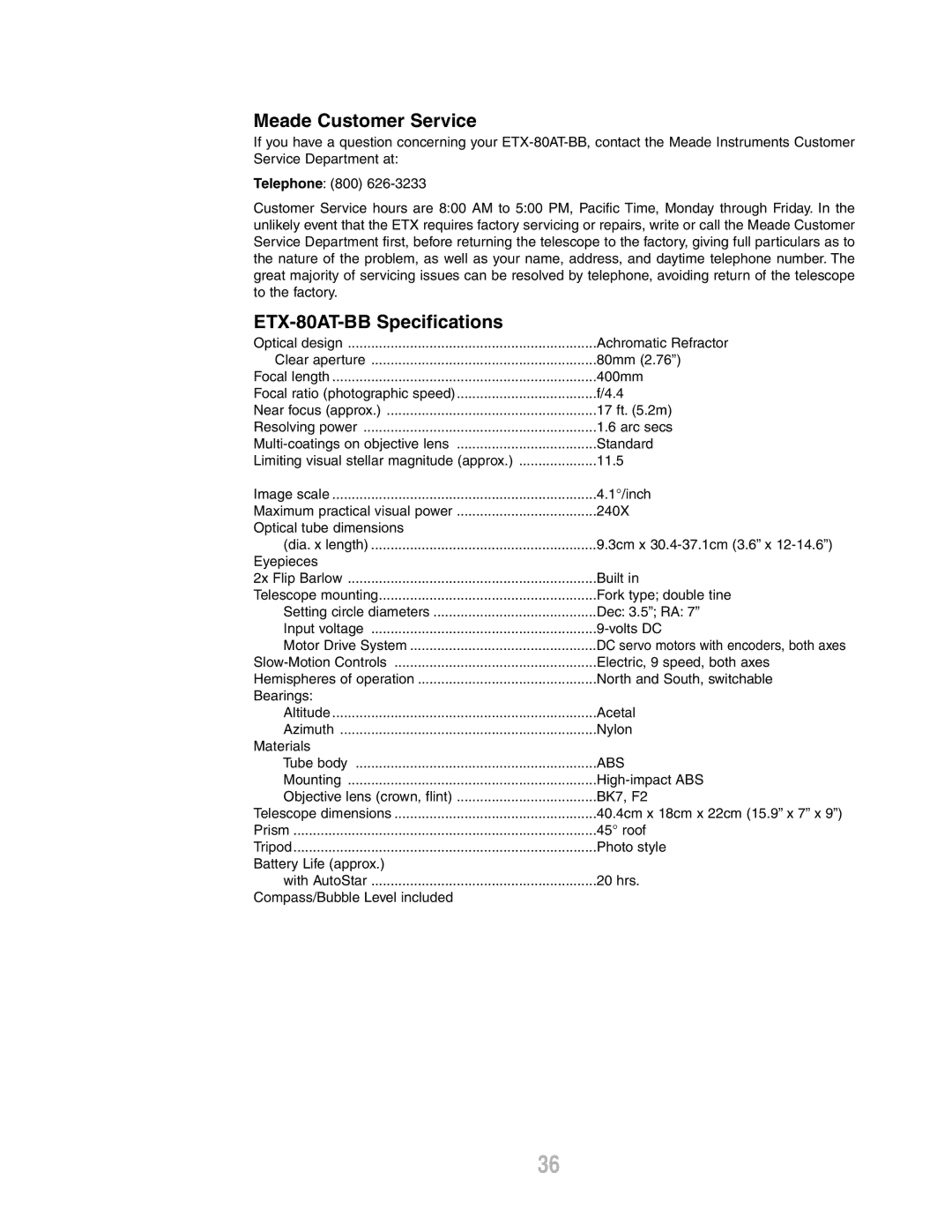 Meade instruction manual Meade Customer Service, ETX-80AT-BB Specifications 