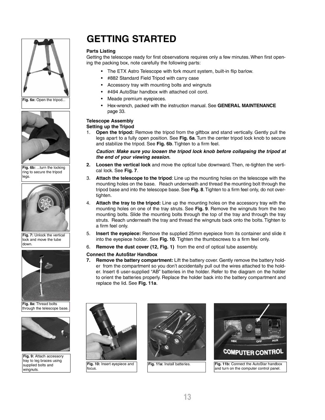 Meade ETX-80AT-TC Getting Started, Parts Listing, Telescope Assembly Setting up the Tripod, Connect the AutoStar Handbox 