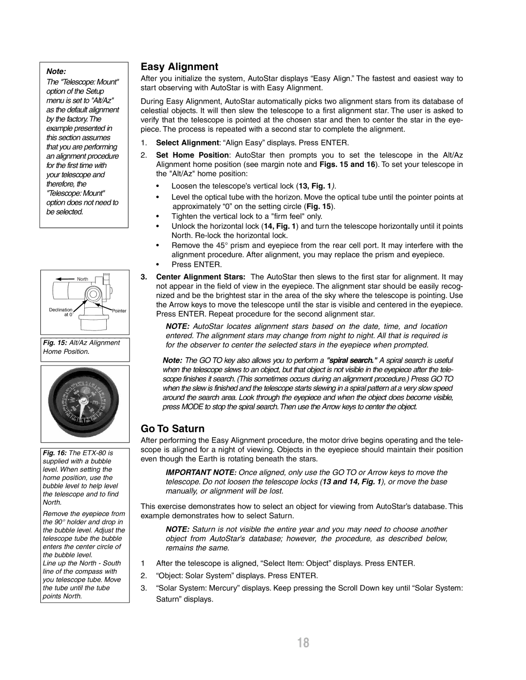 Meade ETX-80AT-TC instruction manual Easy Alignment, Go To Saturn 