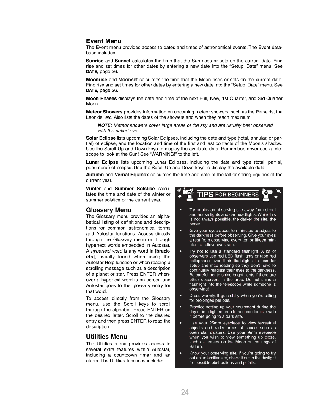 Meade ETX-80AT-TC instruction manual Event Menu, Glossary Menu, Utilities Menu 