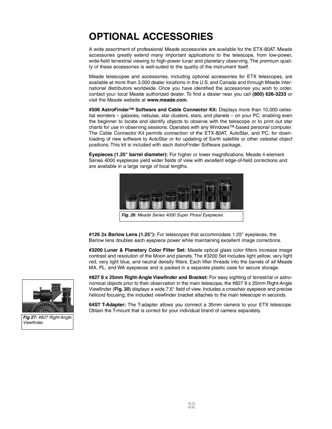 Meade ETX-80AT-TC instruction manual Optional Accessories, Meade Series 4000 Super Plossl Eyepieces 