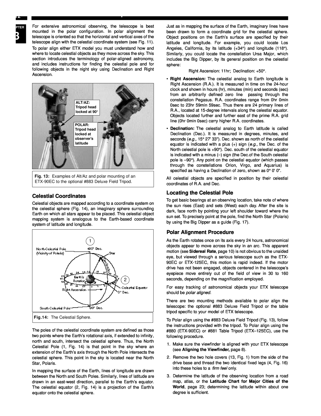 Meade ETX-90EC instruction manual Celestial Coordinates, Locating the Celestial Pole, Polar Alignment Procedure 