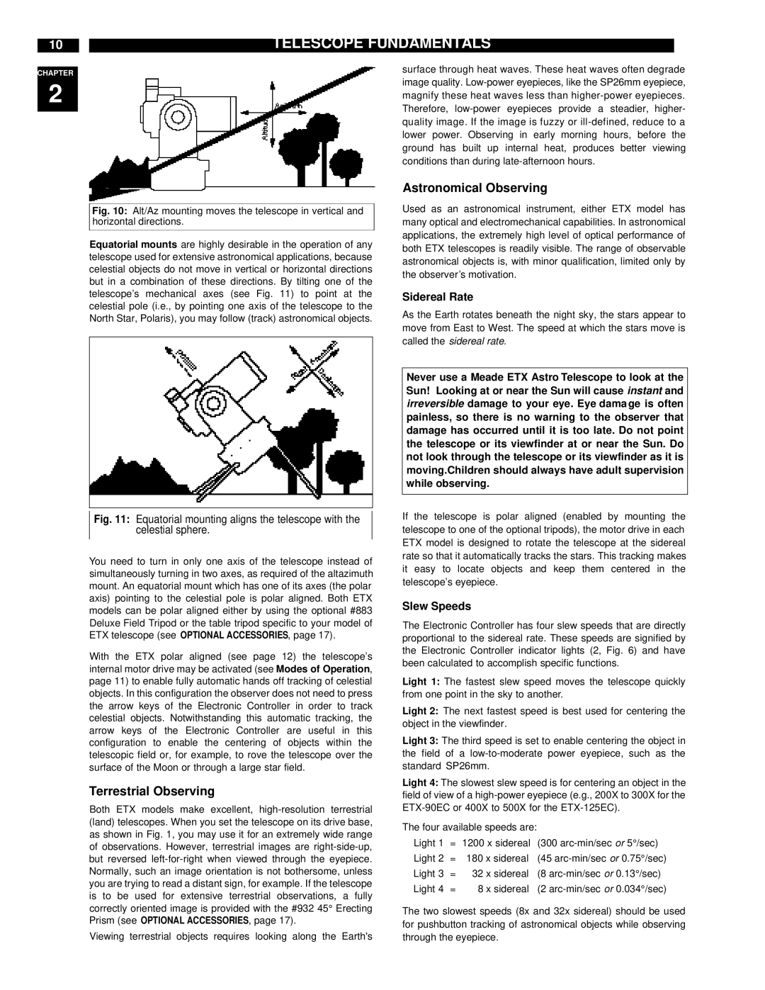 Meade ETX-90EC instruction manual Terrestrial Observing, Astronomical Observing, Sidereal Rate, Slew Speeds 