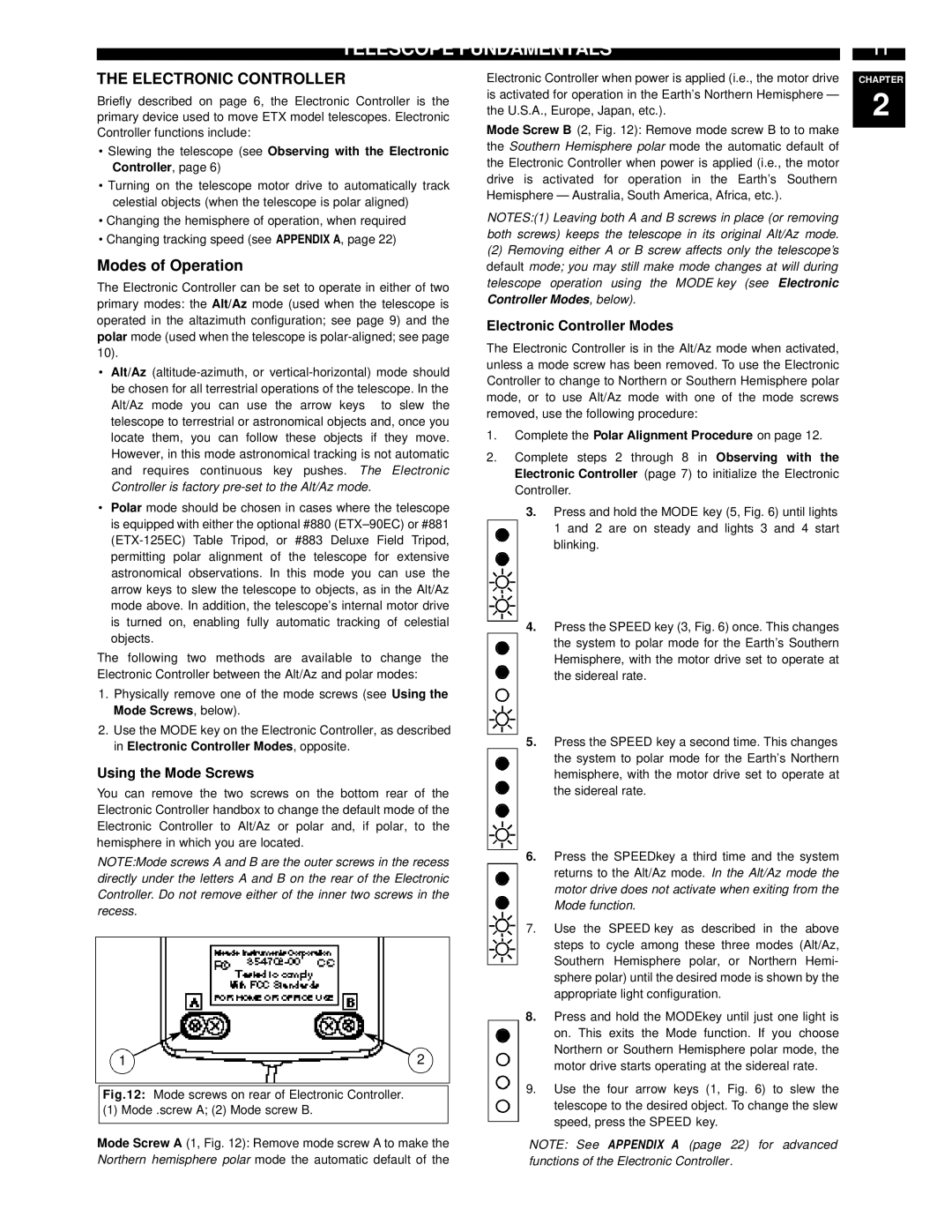 Meade ETX-90EC instruction manual Telescope FUNDAMENTALSz, Electronic Controller, Modes of Operation, Using the Mode Screws 