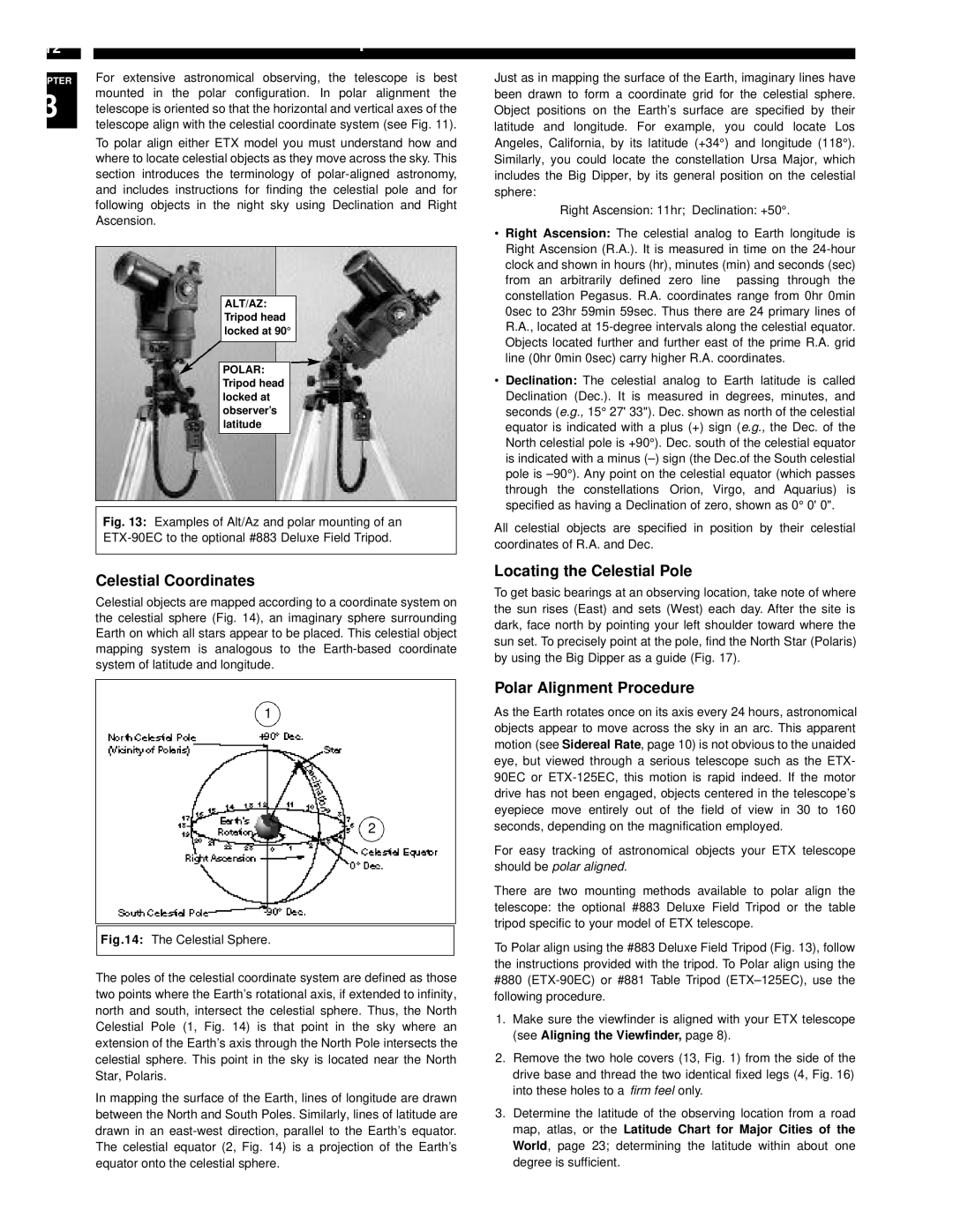 Meade ETX-90EC instruction manual Celestial Coordinates, Locating the Celestial Pole, Polar Alignment Procedure 