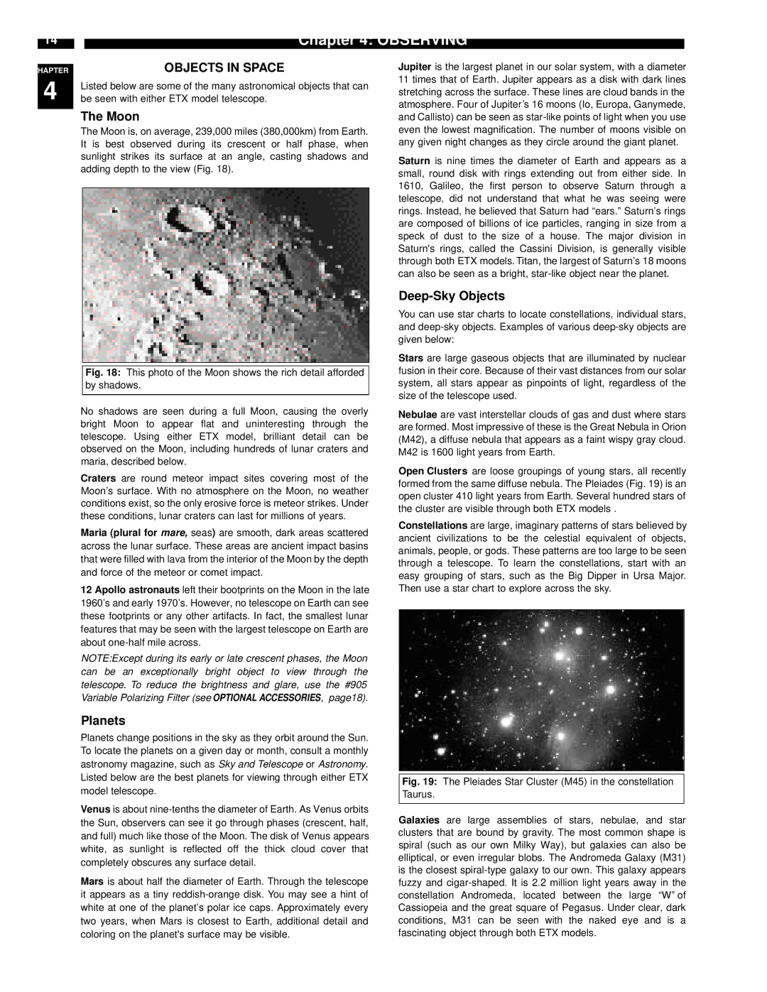 Meade ETX-90EC instruction manual Chapterz4 Observing, Objects in Space, Moon, Planets, Deep-Sky Objects 