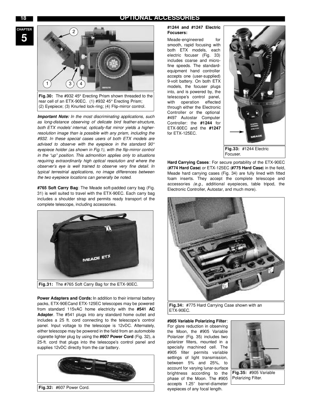 Meade ETX-90EC instruction manual OPTIONALz Accessories, #1244 and #1247 Electric Focusers 