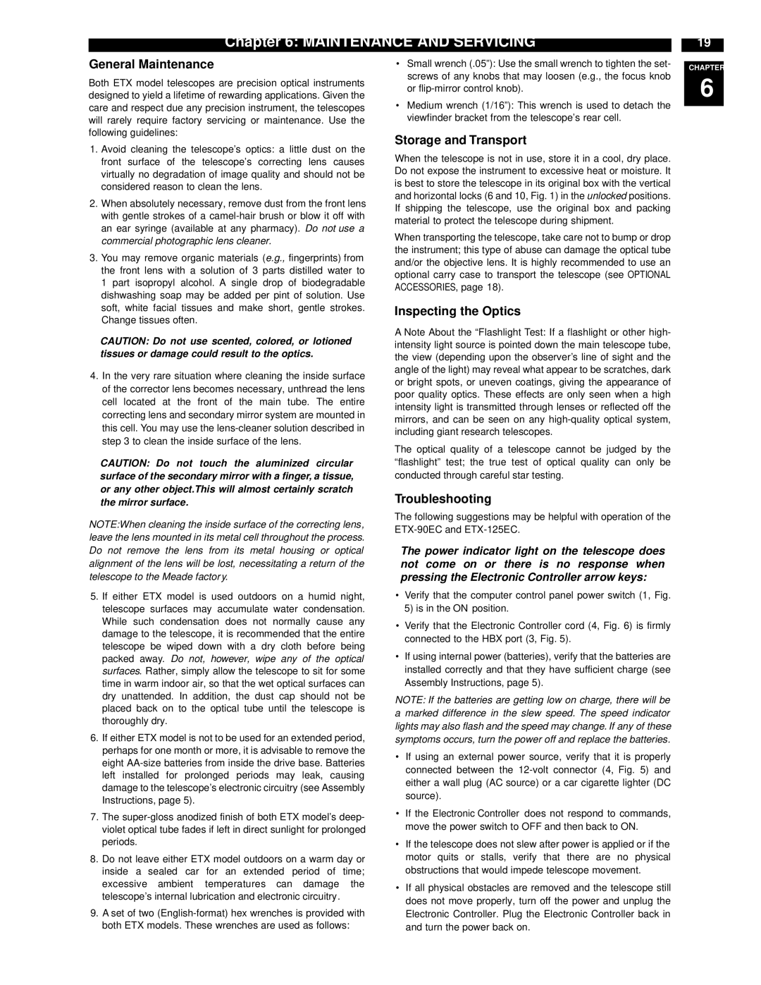 Meade ETX-90EC MAINTENANCEz and Servicing, General Maintenance, Storage and Transport, Inspecting the Optics 