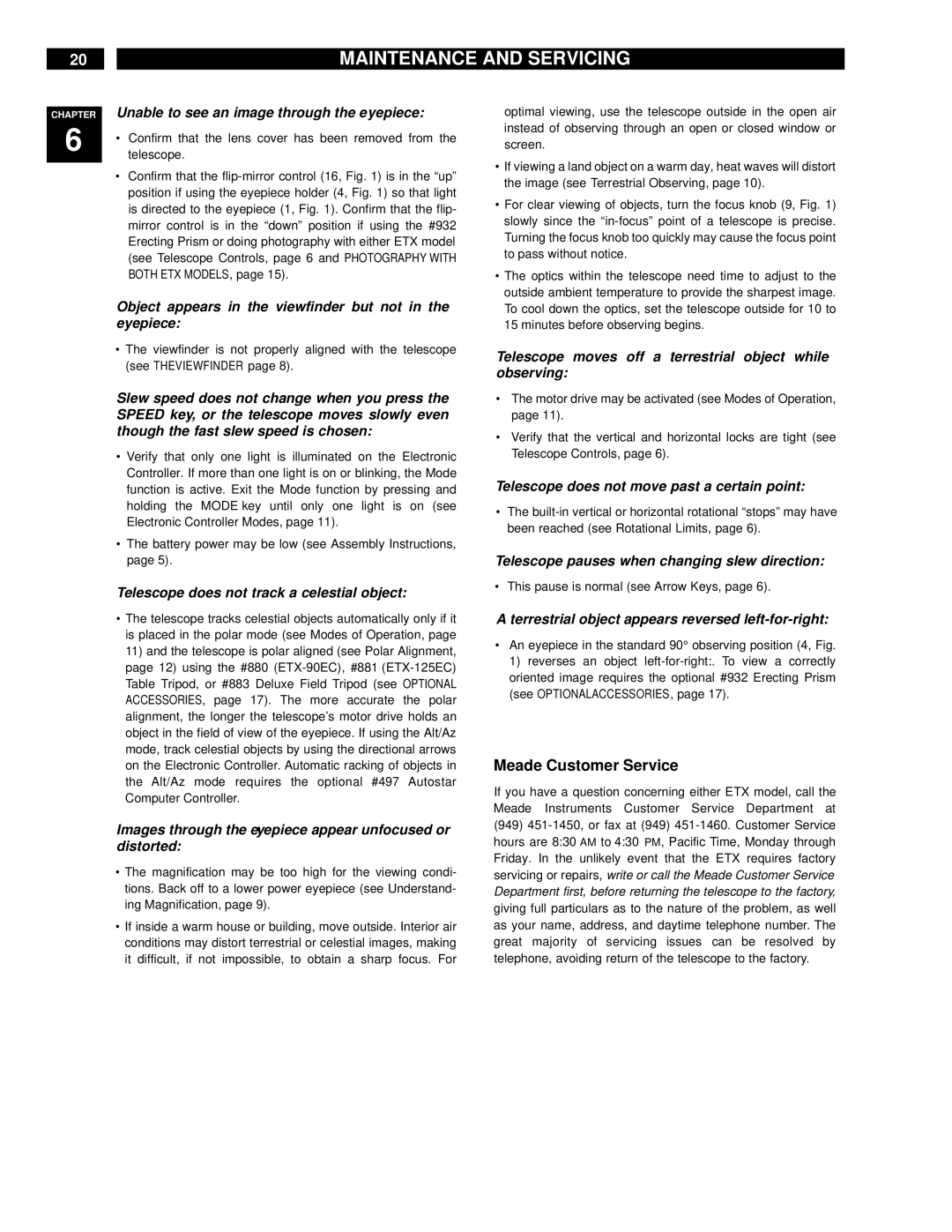 Meade ETX-90EC instruction manual Maintenance and Servicing, Meade Customer Service 