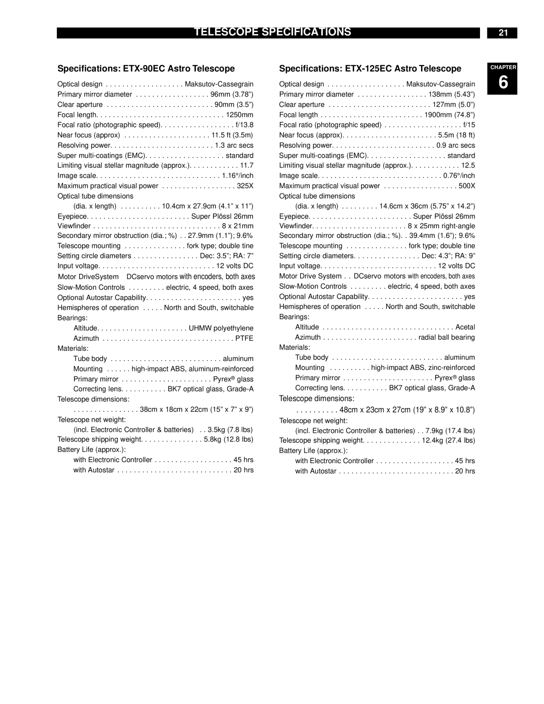 Meade instruction manual Specifications ETX-90EC Astro Telescope, Specifications ETX-125EC Astro Telescope 