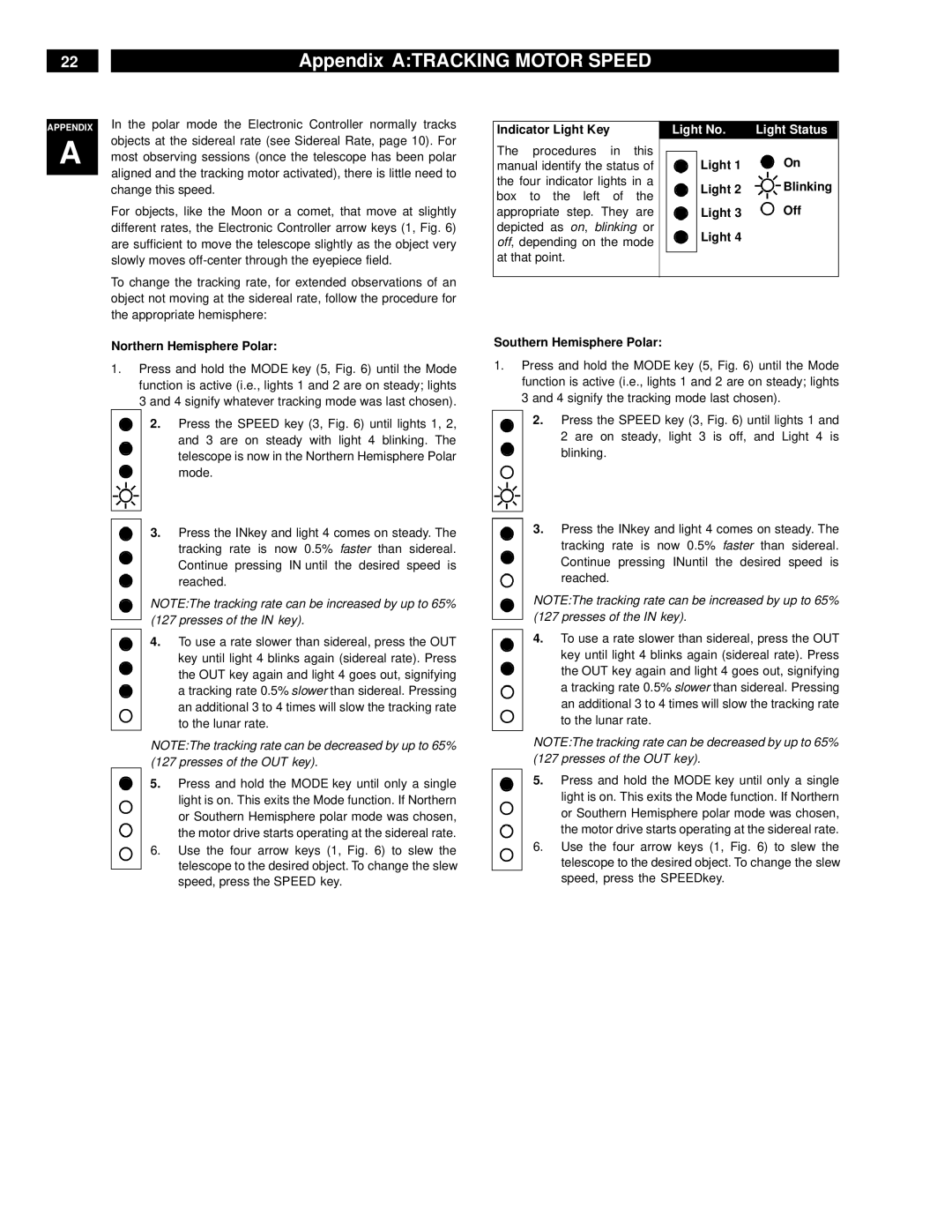 Meade ETX-90EC instruction manual Appendix Atracking Motor Speed, Northern Hemisphere Polar Indicator Light Key, Light Off 