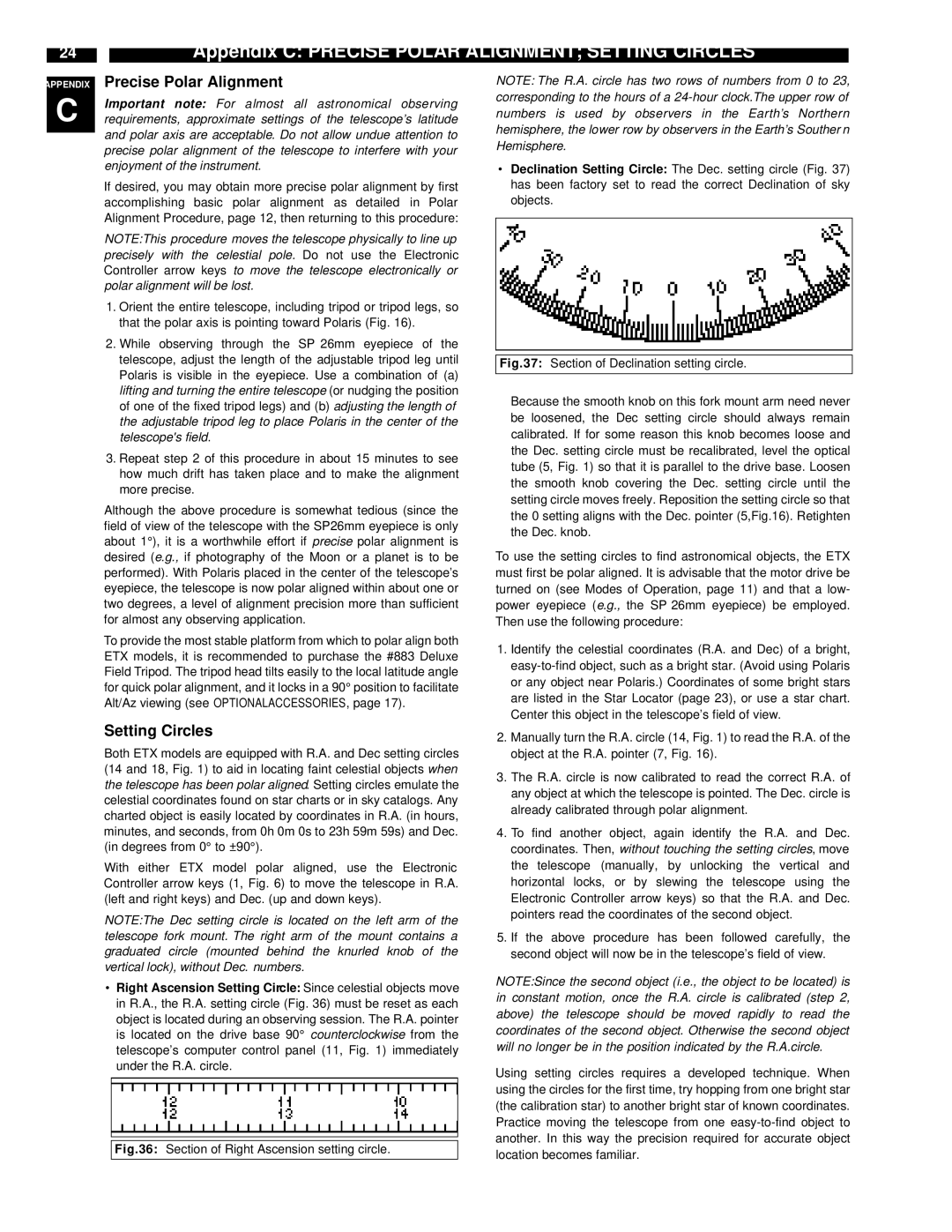 Meade ETX-90EC instruction manual 24Appendix C Precise POLARz Alignment Setting Circles, Appendix Precise Polar Alignment 