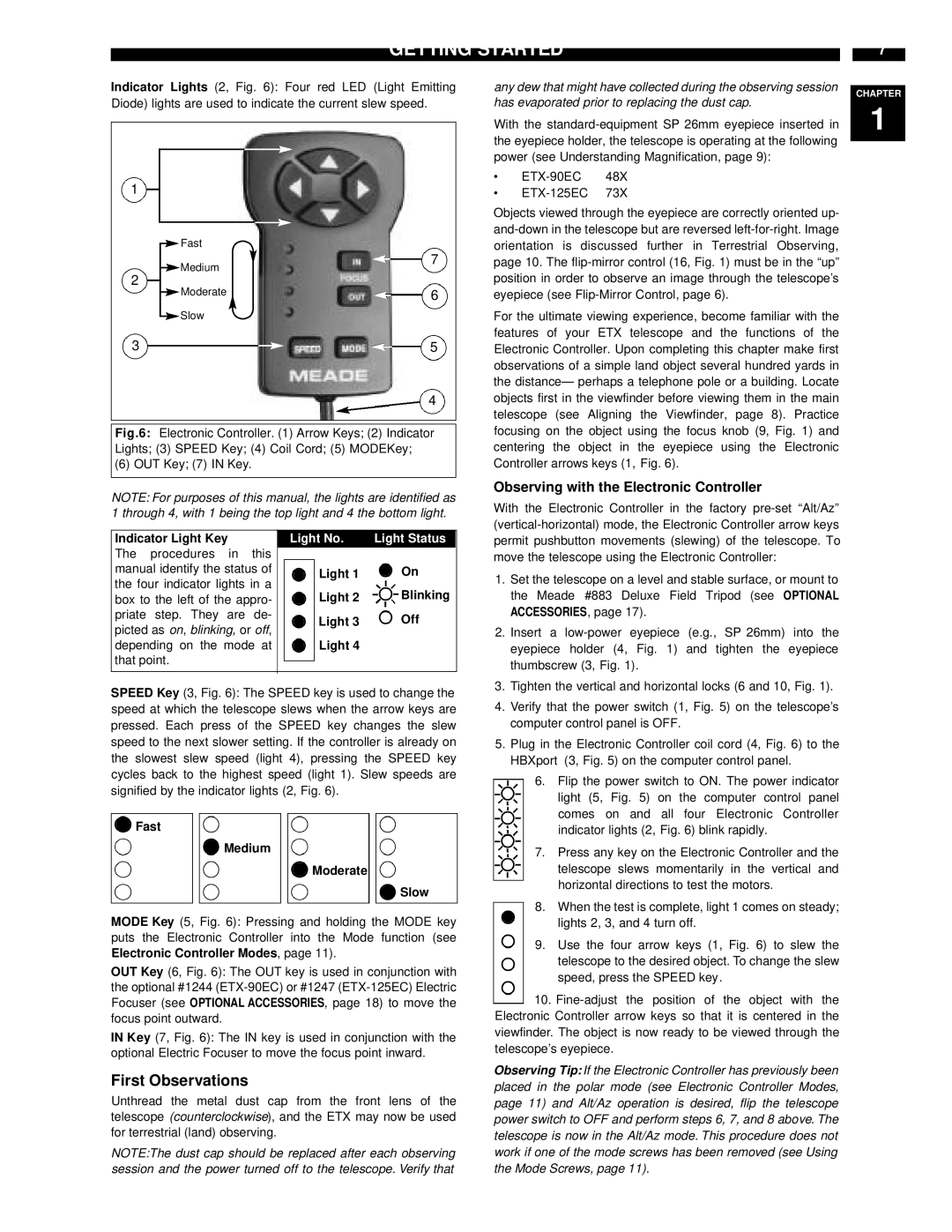 Meade ETX-90EC instruction manual Getting STARTEDz, First Observations, Observing with the Electronic Controller 