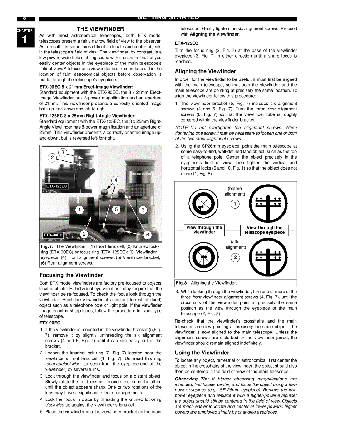 Meade ETX-90EC instruction manual Focusing the Viewfinder, Aligning the Viewfinder, Using the Viewfinder 