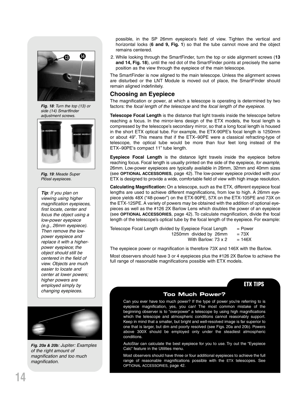 Meade ETX-90PE instruction manual Choosing an Eyepiece, Etx Tips, Too Much Power? 