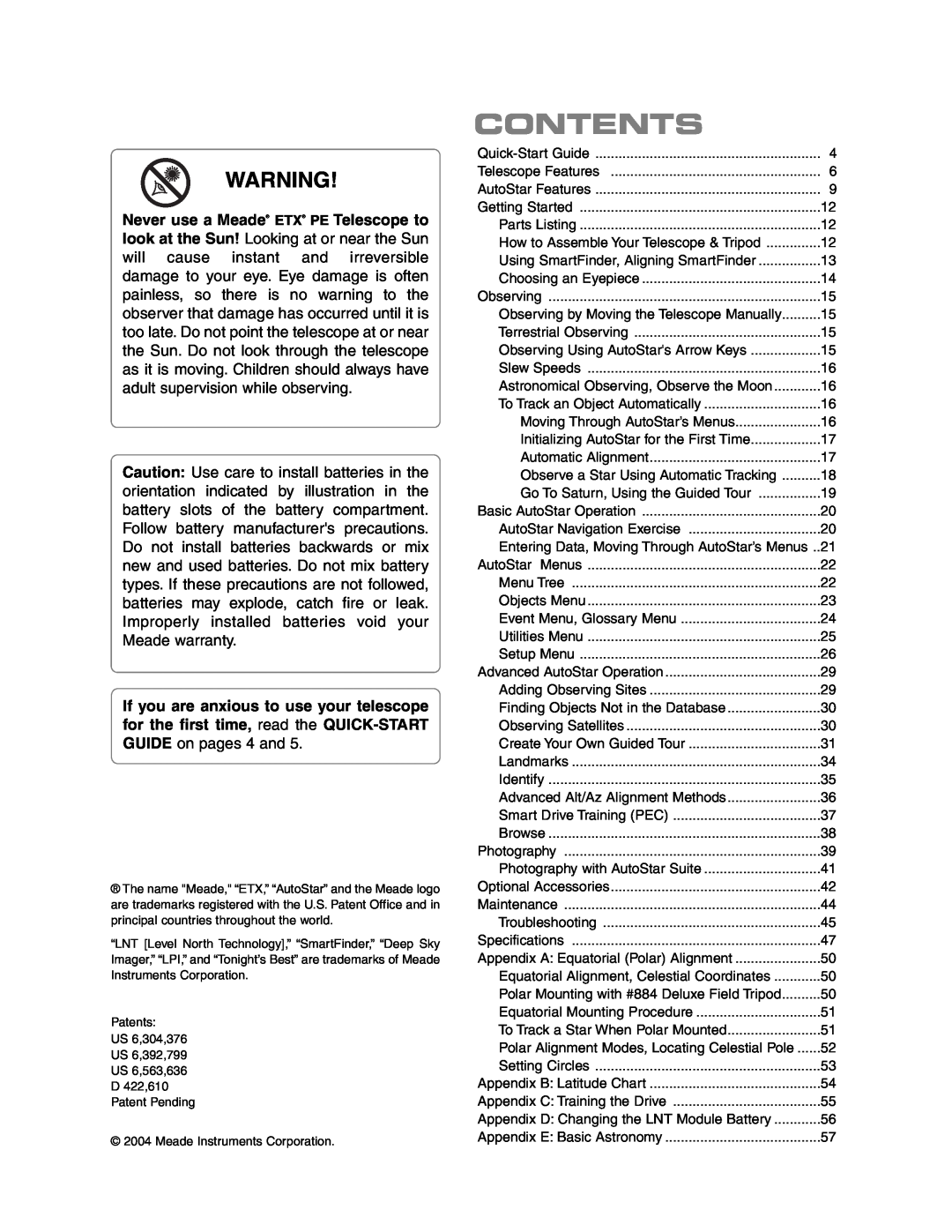 Meade ETX-90PE instruction manual Contents 