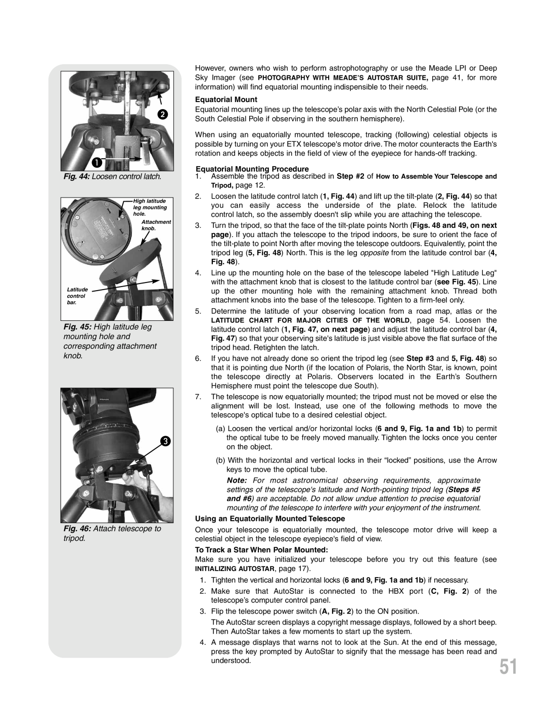 Meade ETX-90PE instruction manual Loosen control latch, Attach telescope to tripod, Equatorial Mounting Procedure 