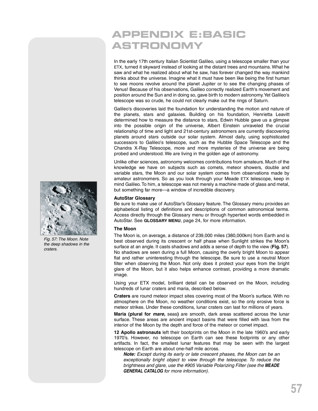 Meade ETX-90PE instruction manual Appendix Ebasic Astronomy, AutoStar Glossary, The Moon 