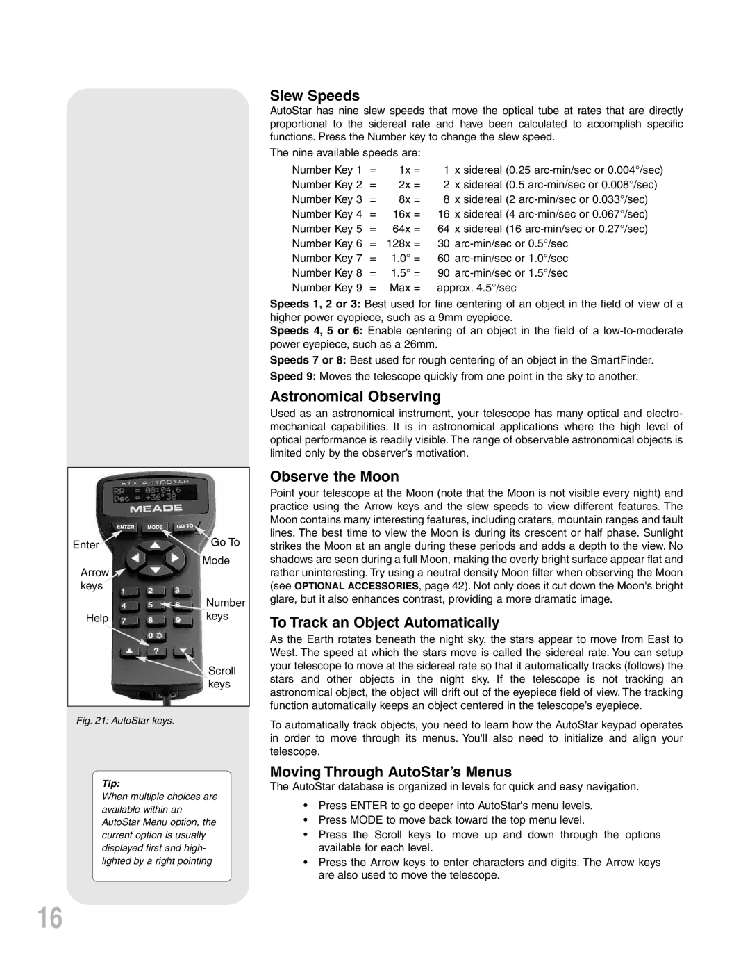 Meade ETX-90PE instruction manual Slew Speeds, Astronomical Observing, Observe the Moon, To Track an Object Automatically 