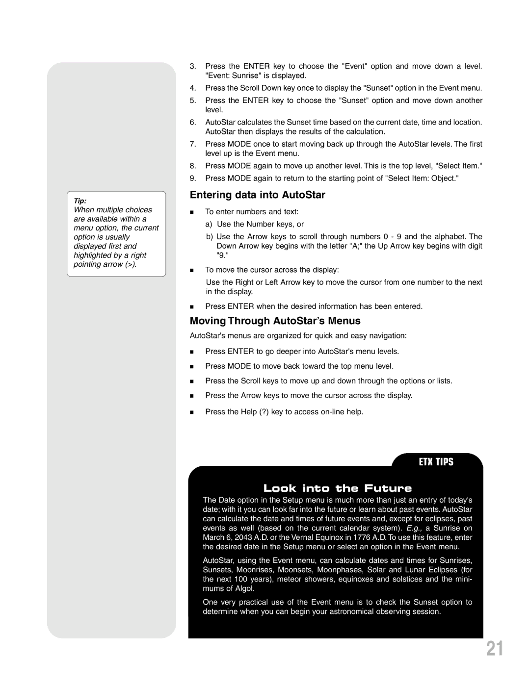 Meade ETX-90PE instruction manual Entering data into AutoStar, Look into the Future 