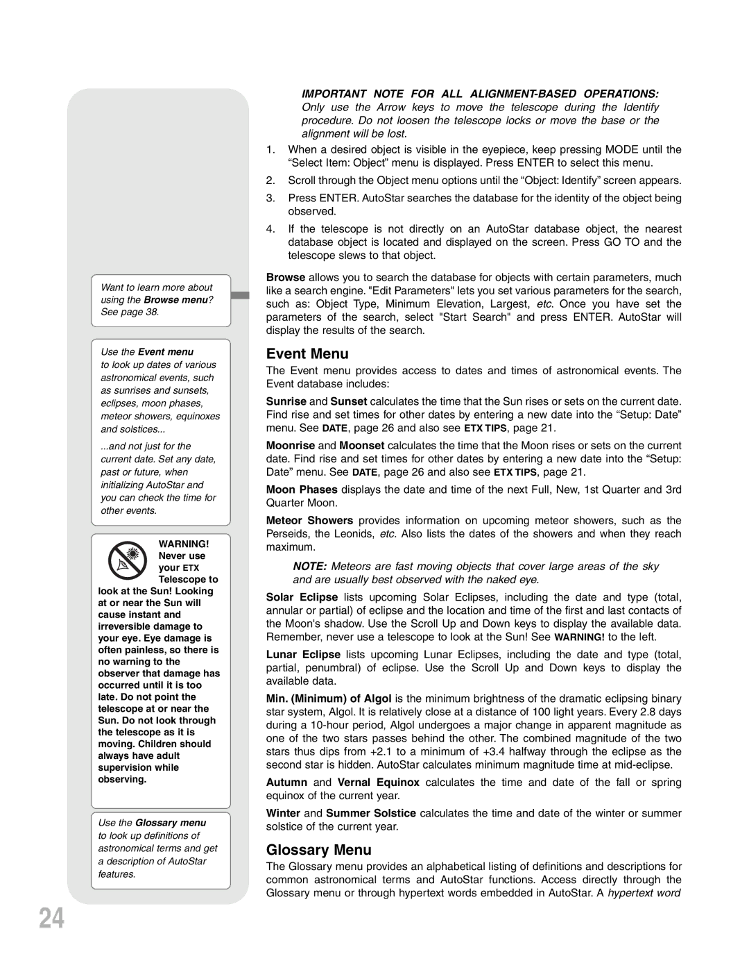 Meade ETX-90PE instruction manual Event Menu, Glossary Menu, Use the Event menu, Use the Glossary menu 