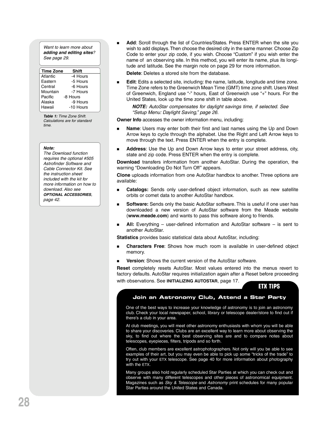 Meade ETX-90PE instruction manual Adding and editing sites? See, Shift 