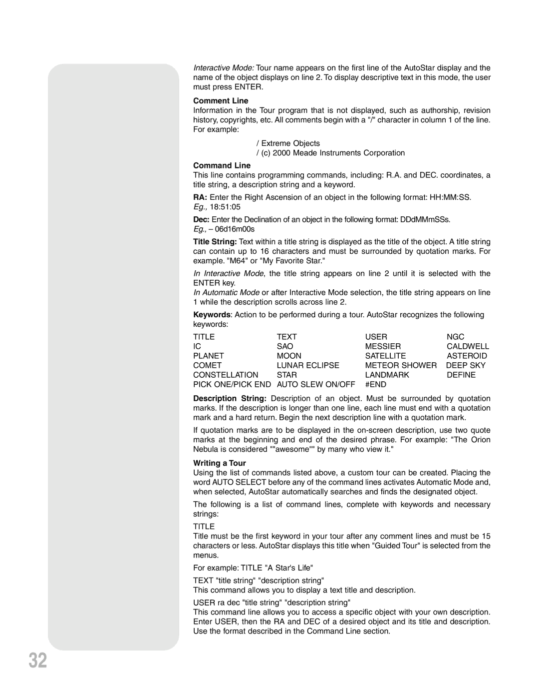 Meade ETX-90PE instruction manual Comment Line, Command Line, Writing a Tour 