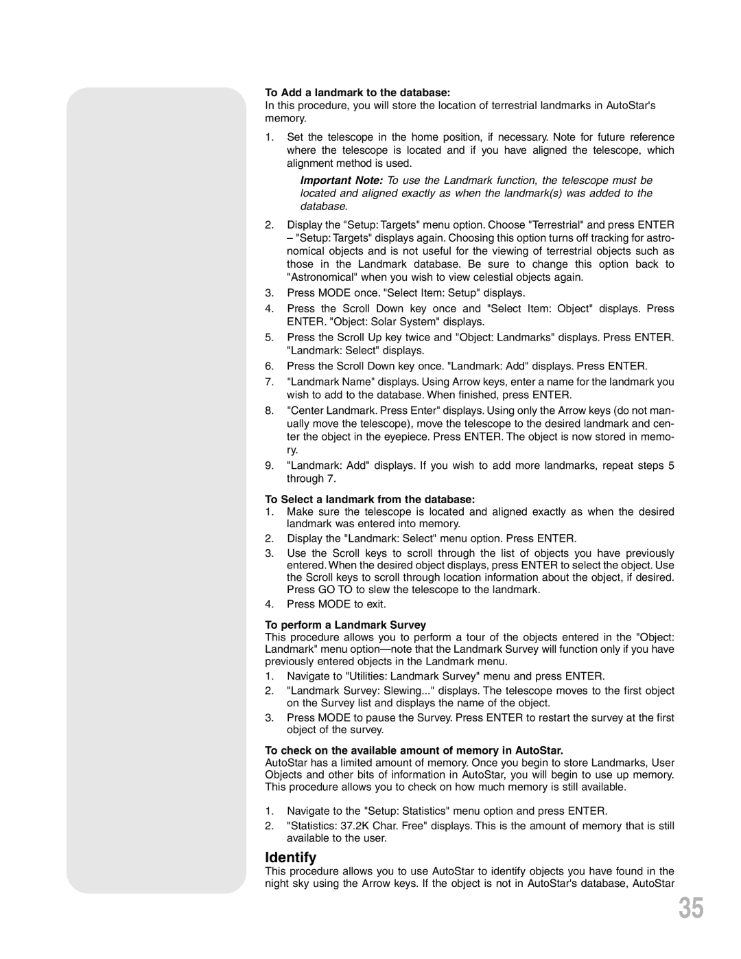Meade ETX-90PE instruction manual Identify, To Add a landmark to the database, To Select a landmark from the database 