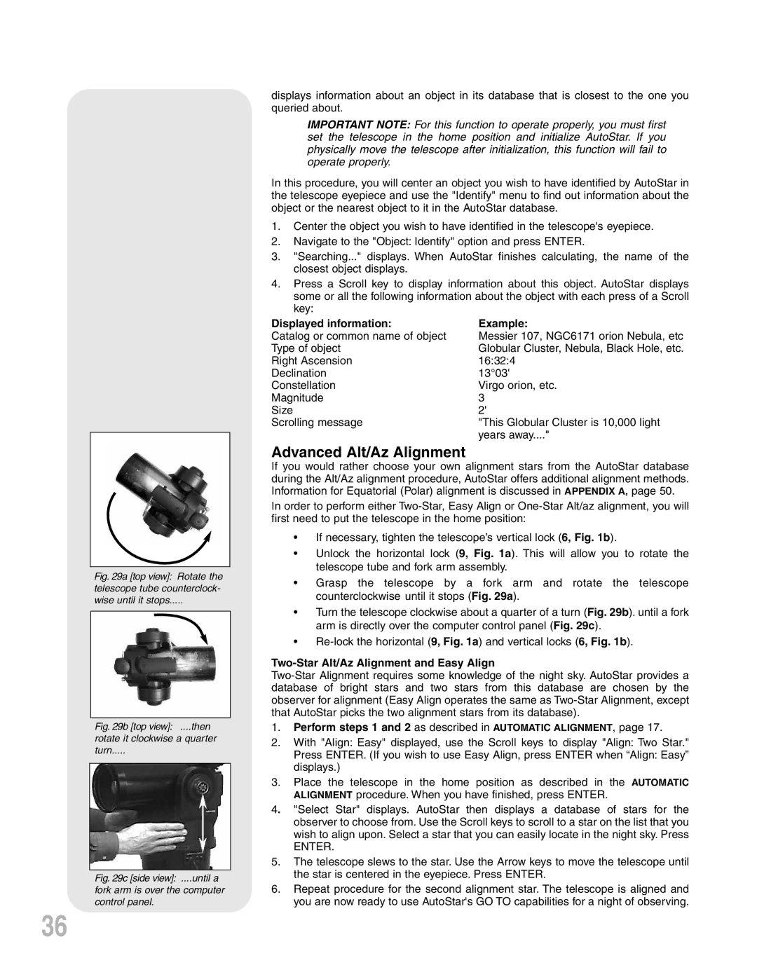 Meade ETX-90PE Advanced Alt/Az Alignment, Displayed information Example, Two-Star Alt/Az Alignment and Easy Align 