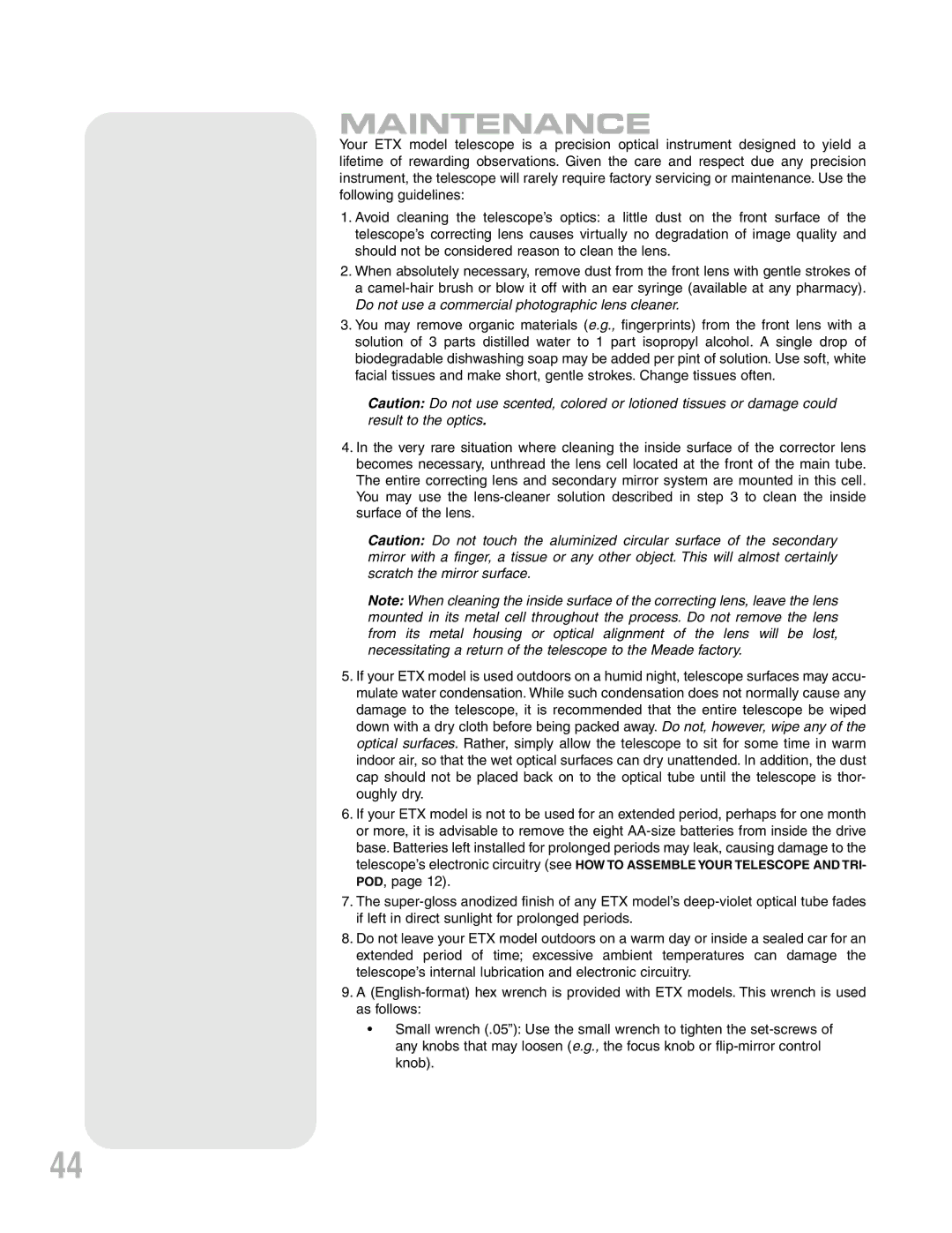 Meade ETX-90PE instruction manual Maintenance 