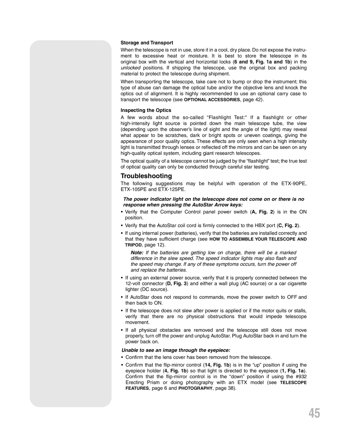 Meade ETX-90PE instruction manual Troubleshooting, Storage and Transport, Inspecting the Optics 