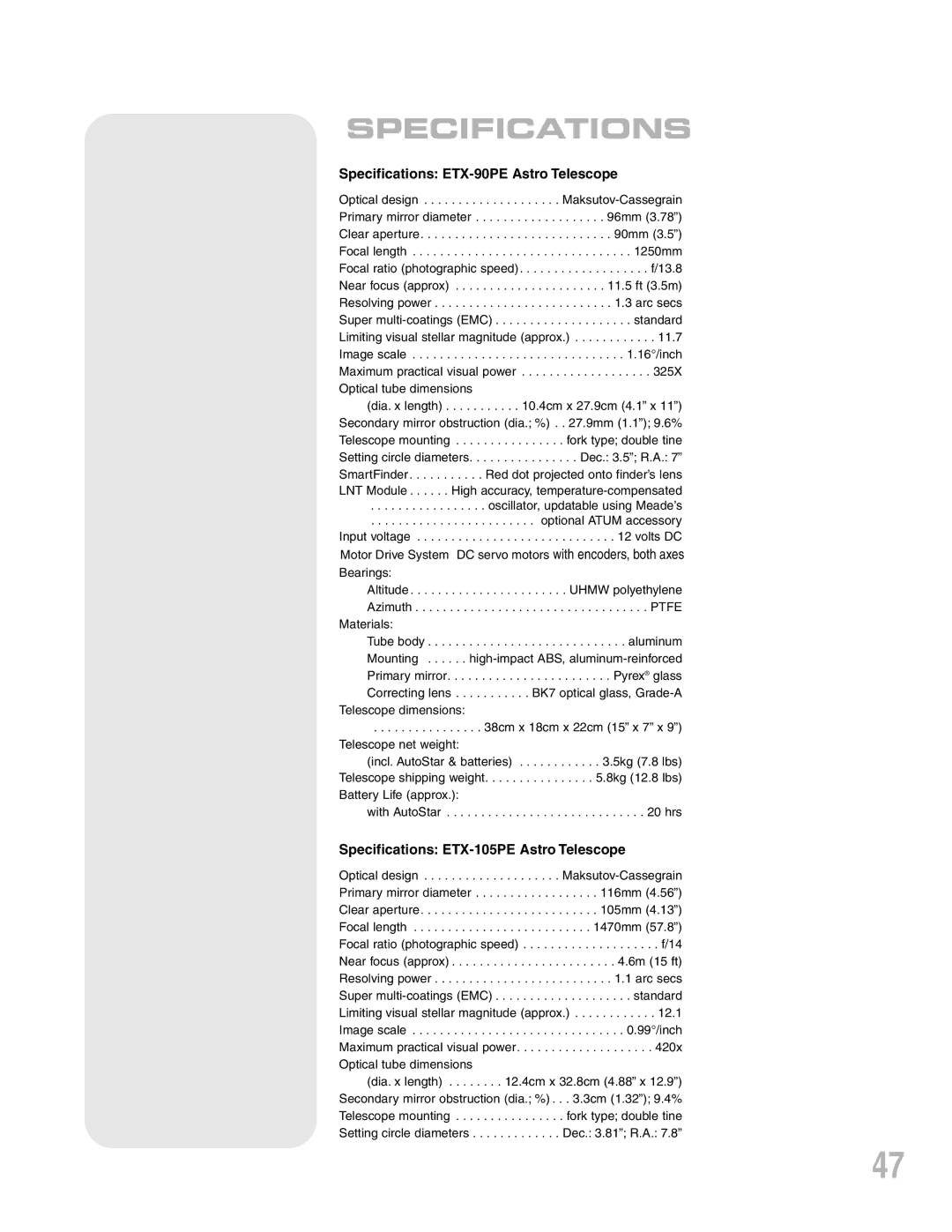 Meade instruction manual Specifications ETX-90PE Astro Telescope, Specifications ETX-105PE Astro Telescope 