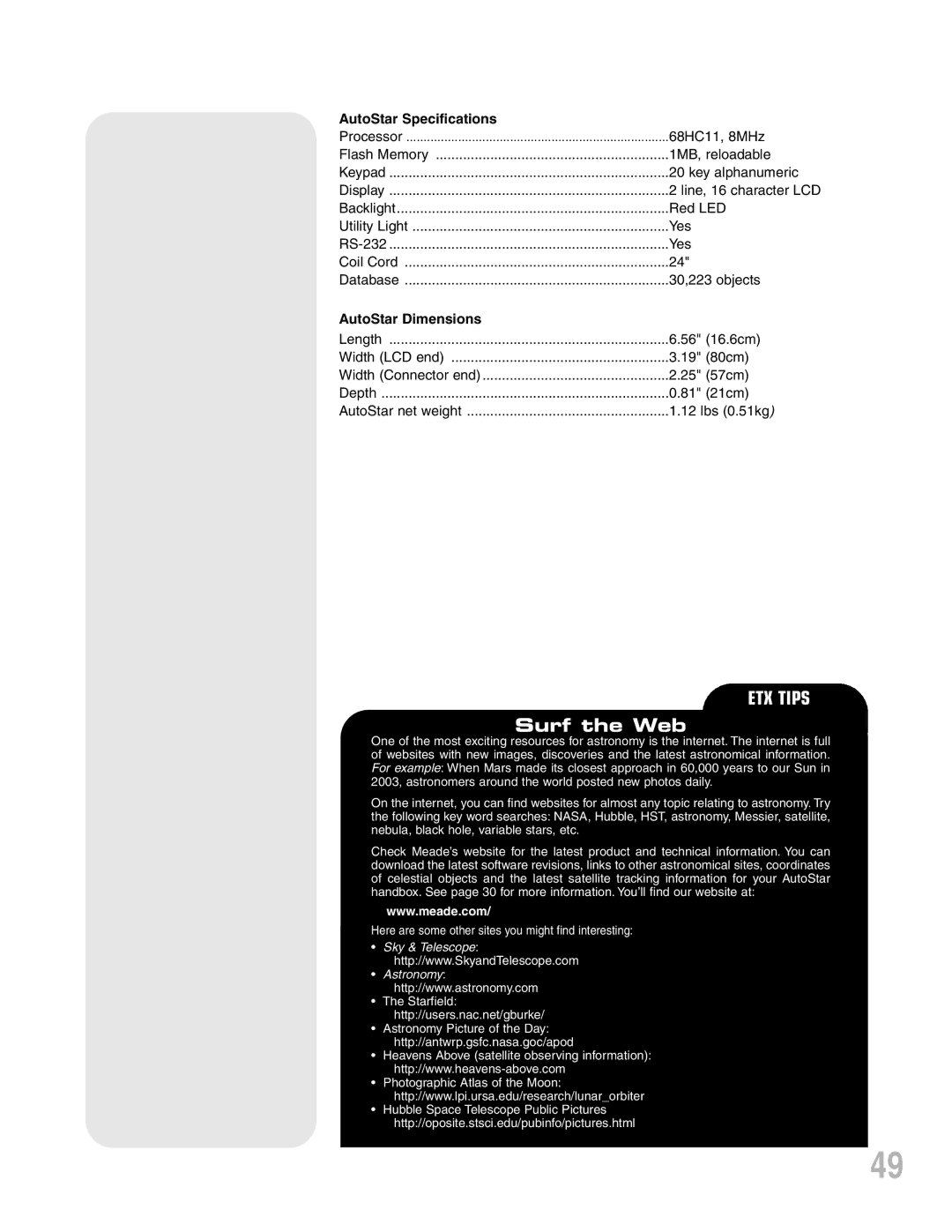 Meade ETX-90PE instruction manual AutoStar Specifications, AutoStar Dimensions 