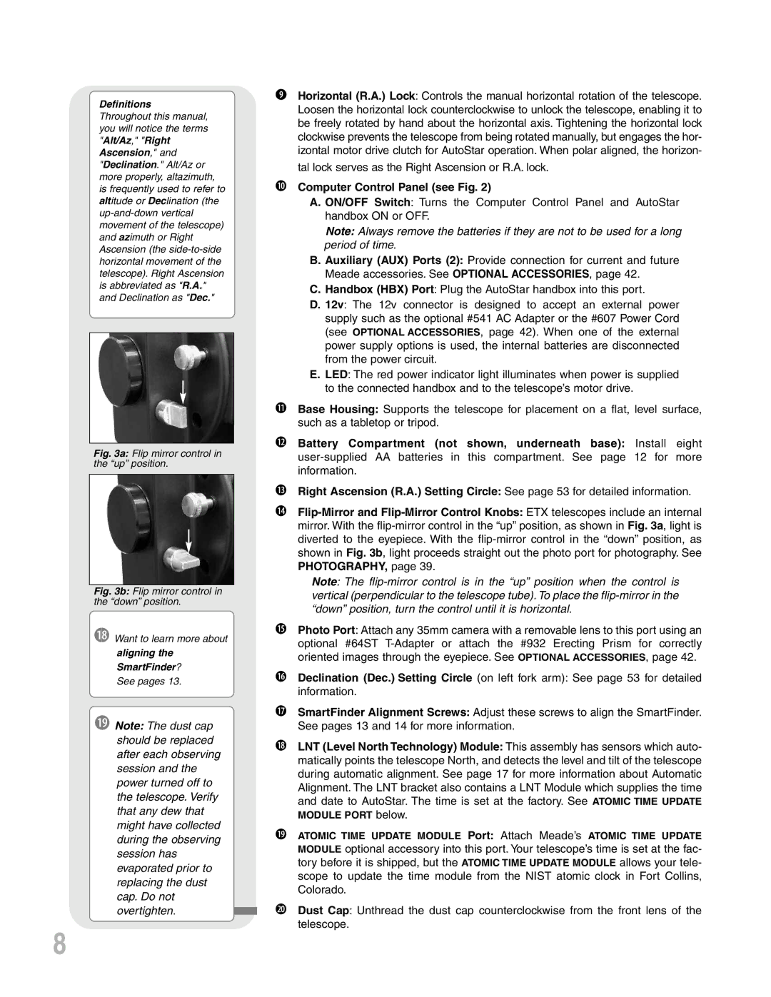 Meade ETX-90PE instruction manual Computer Control Panel see Fig, Definitions, Alt/Az, Right Ascension 