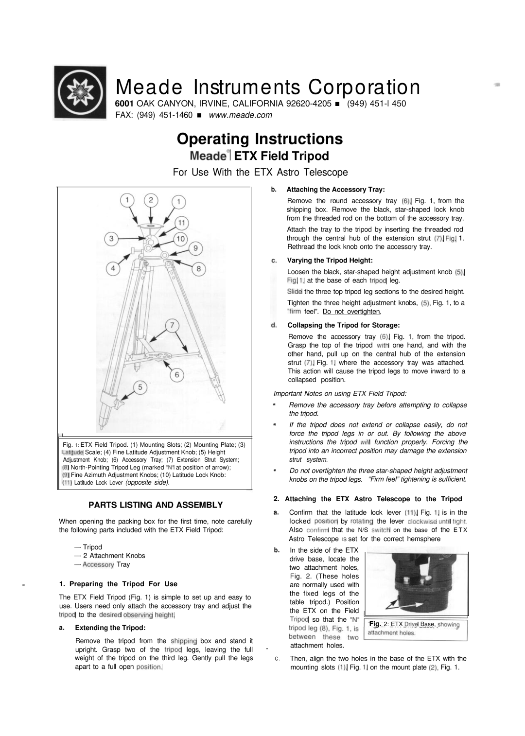 Meade ETX operating instructions Parts Listing and Assembly 