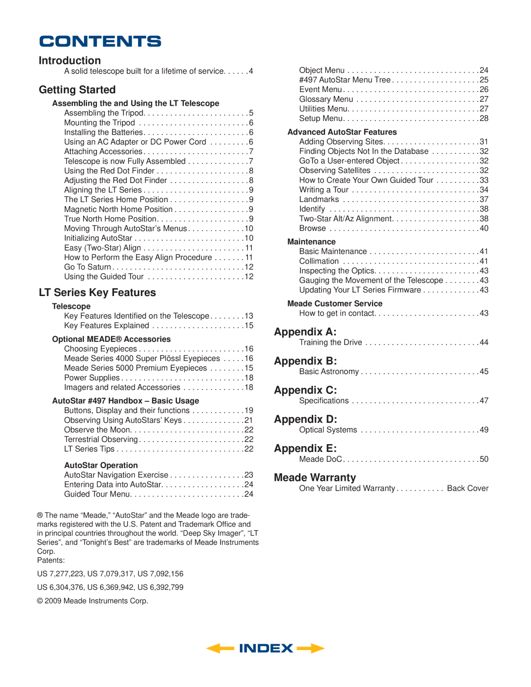 Meade LT SC Series, LT Series, LT ACF Series instruction manual Contents 