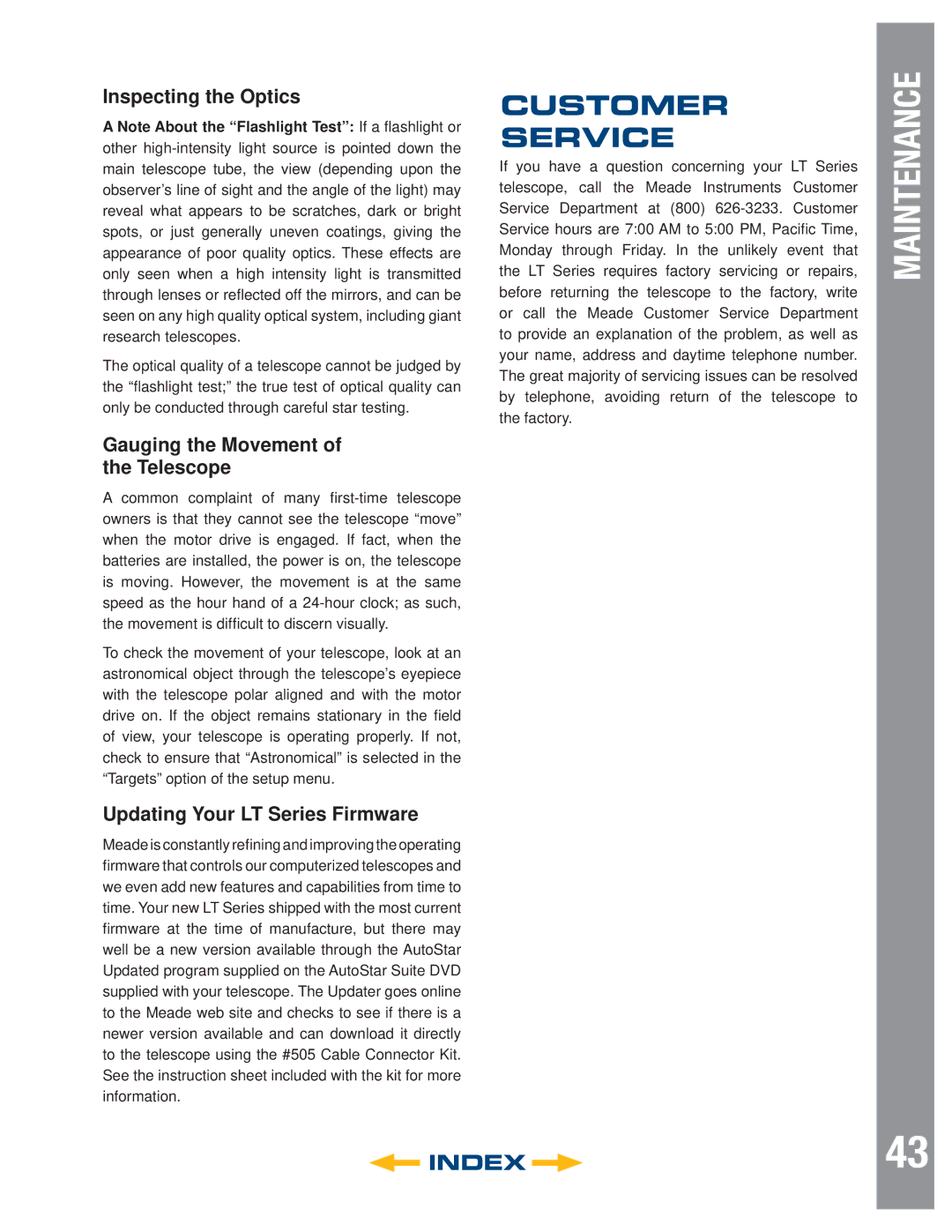 Meade LT Series, LT SC Series, LT ACF Series Customer Service, Inspecting the Optics, Gauging the Movement of the Telescope 