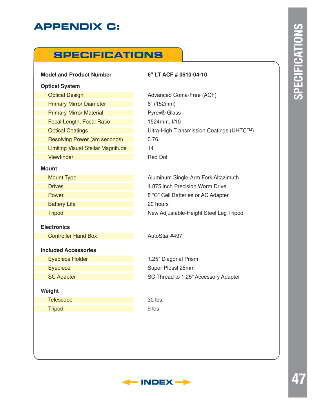 Meade LT ACF Series, LT SC Series, LT Series Appendix C Specifications, Model and Product Number LT ACF # Optical System 