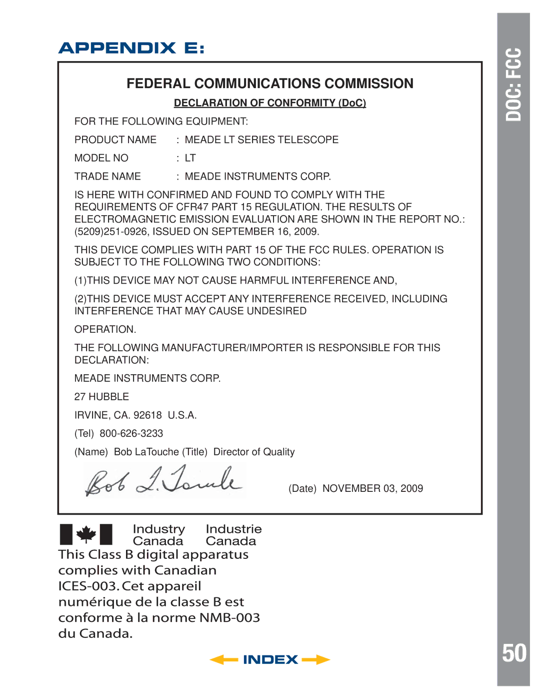 Meade LT ACF Series, LT SC Series, LT Series instruction manual Appendix E, Federal Communications Commission 