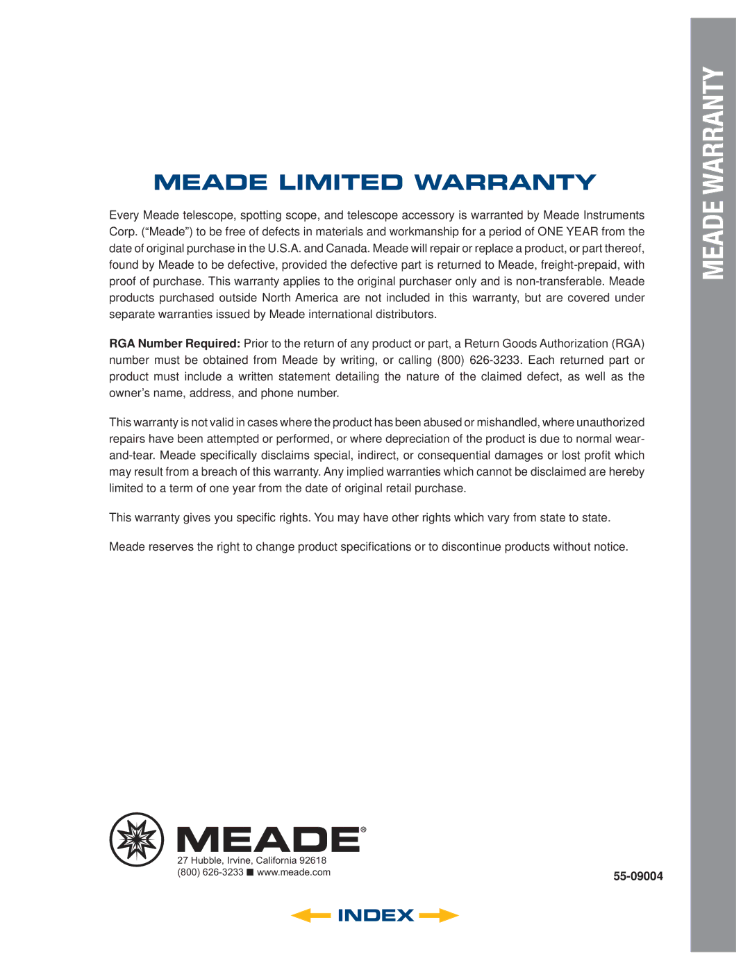 Meade LT Series, LT SC Series, LT ACF Series instruction manual Meade Limited Warranty, 55-09004 