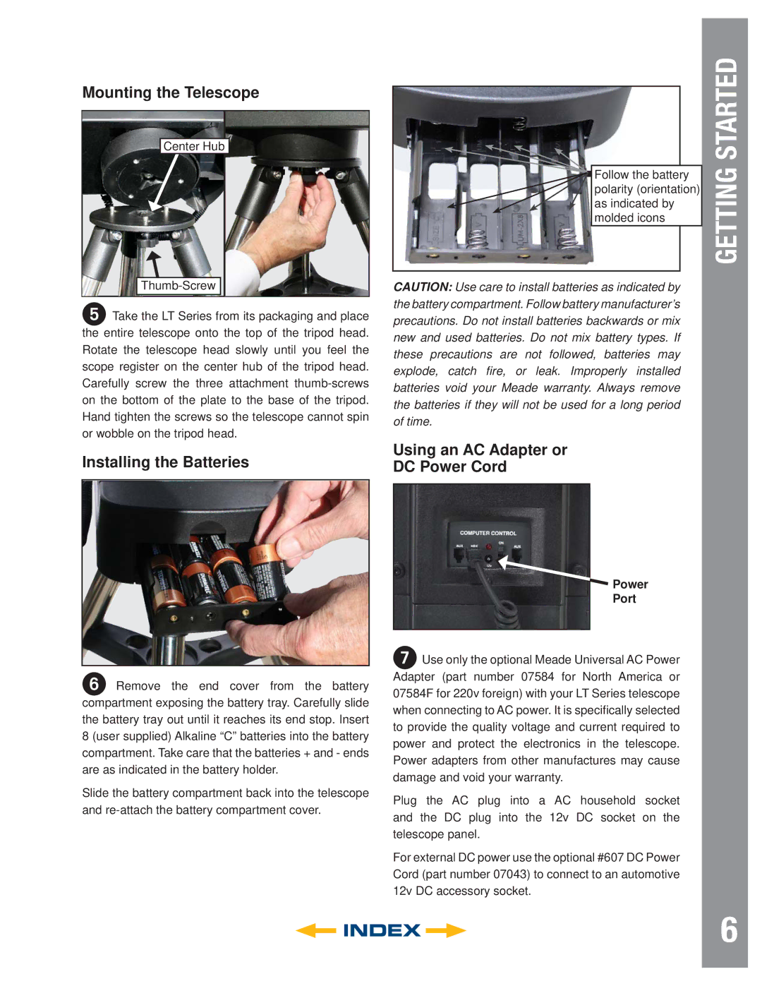 Meade LT SC Series Mounting the Telescope, Installing the Batteries, Using an AC Adapter or DC Power Cord, Power Port 