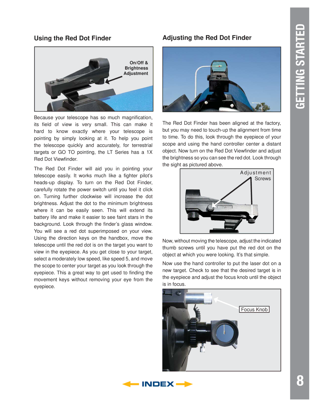 Meade LT ACF Series, LT SC Series Using the Red Dot Finder Adjusting the Red Dot Finder, GETTING#497 Handboxstarted 