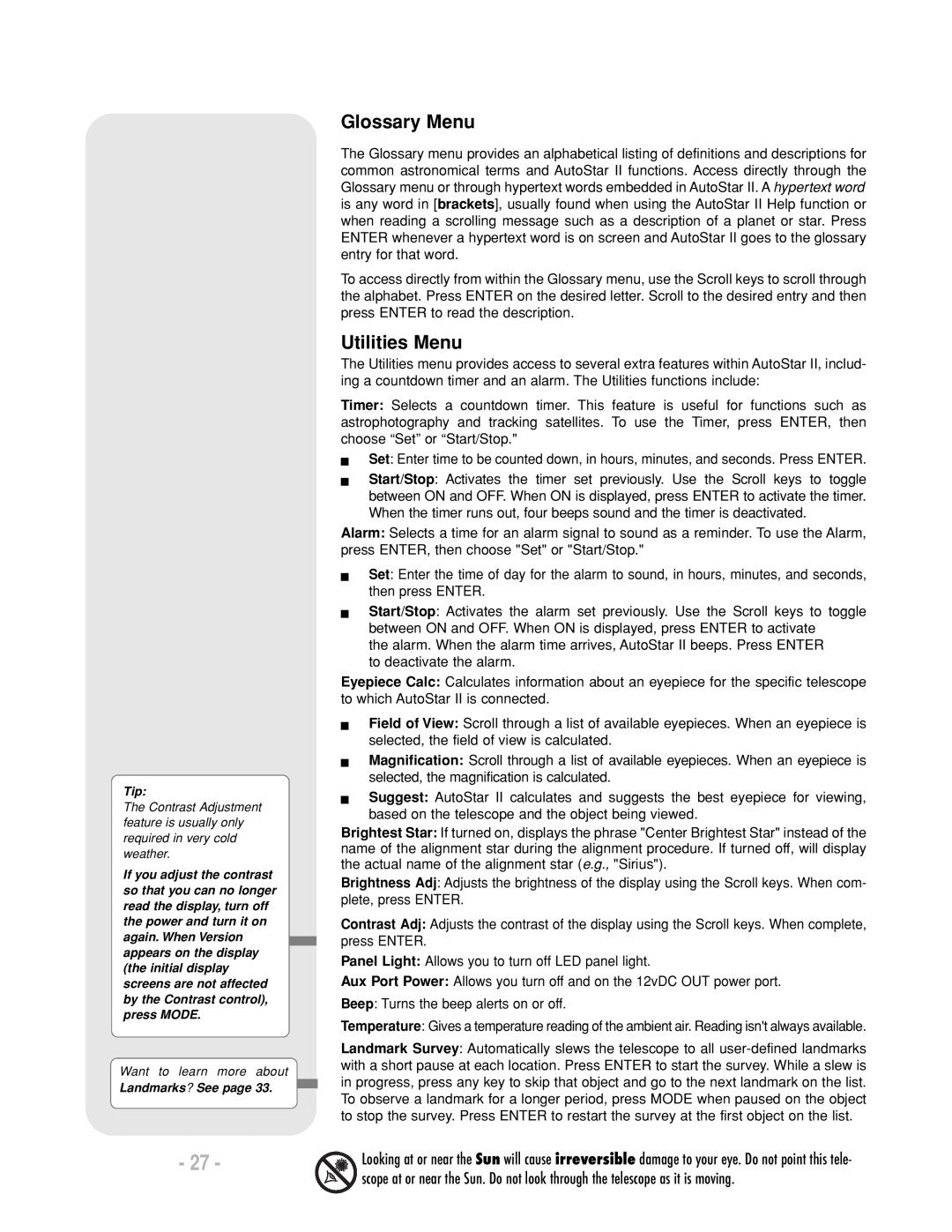 Meade LX200 R instruction manual Glossary Menu, Utilities Menu 