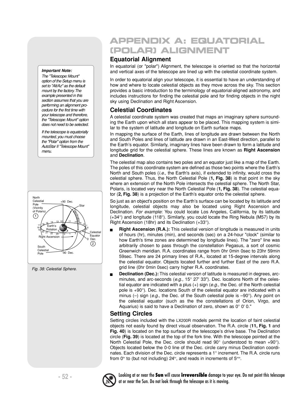 Meade LX200 R Equatorial Alignment, Celestial Coordinates, Setting Circles, Appendix A: Equatorial Polar Alignment 