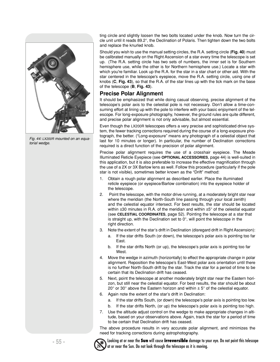 Meade LX200 R instruction manual Precise Polar Alignment 