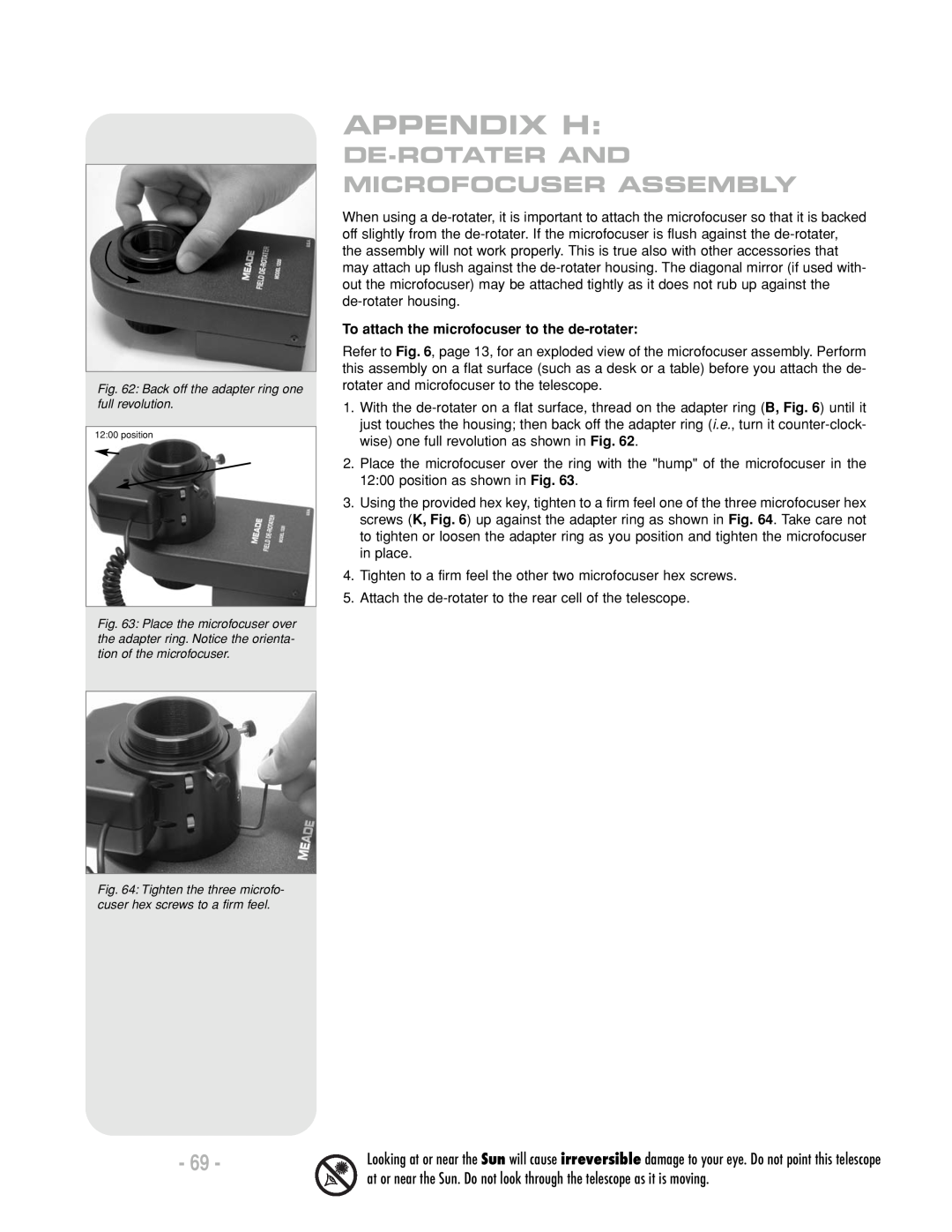Meade LX200 R Appendix H, De-Rotaterand Microfocuser Assembly, To attach the microfocuser to the de-rotater 