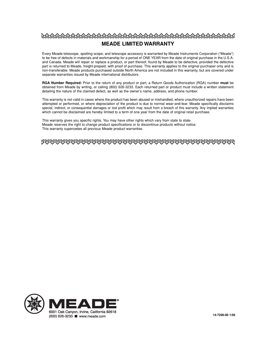 Meade LX200 R instruction manual Meade Limited Warranty 