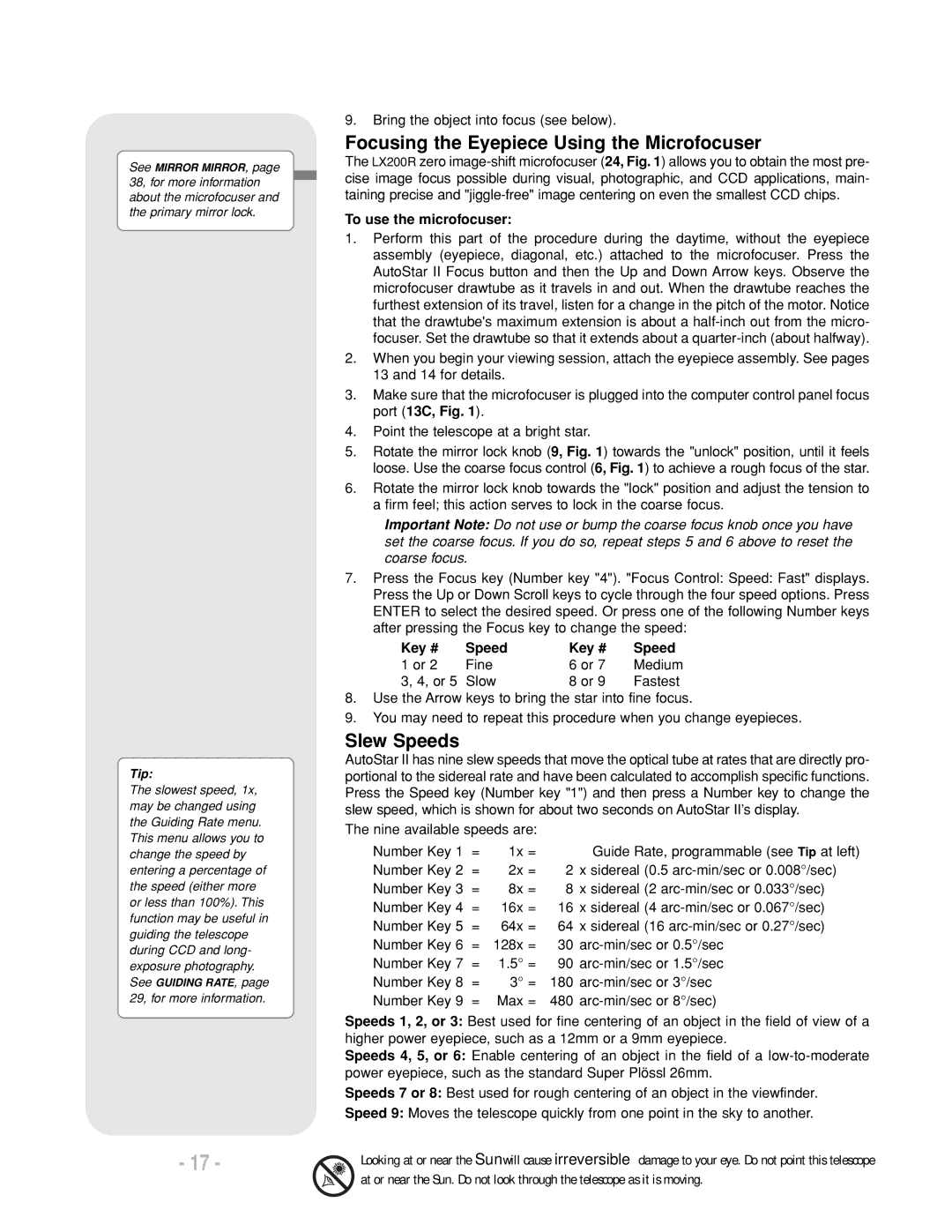 Meade LX200 R Focusing the Eyepiece Using the Microfocuser, Slew Speeds, To use the microfocuser, Key # Speed 