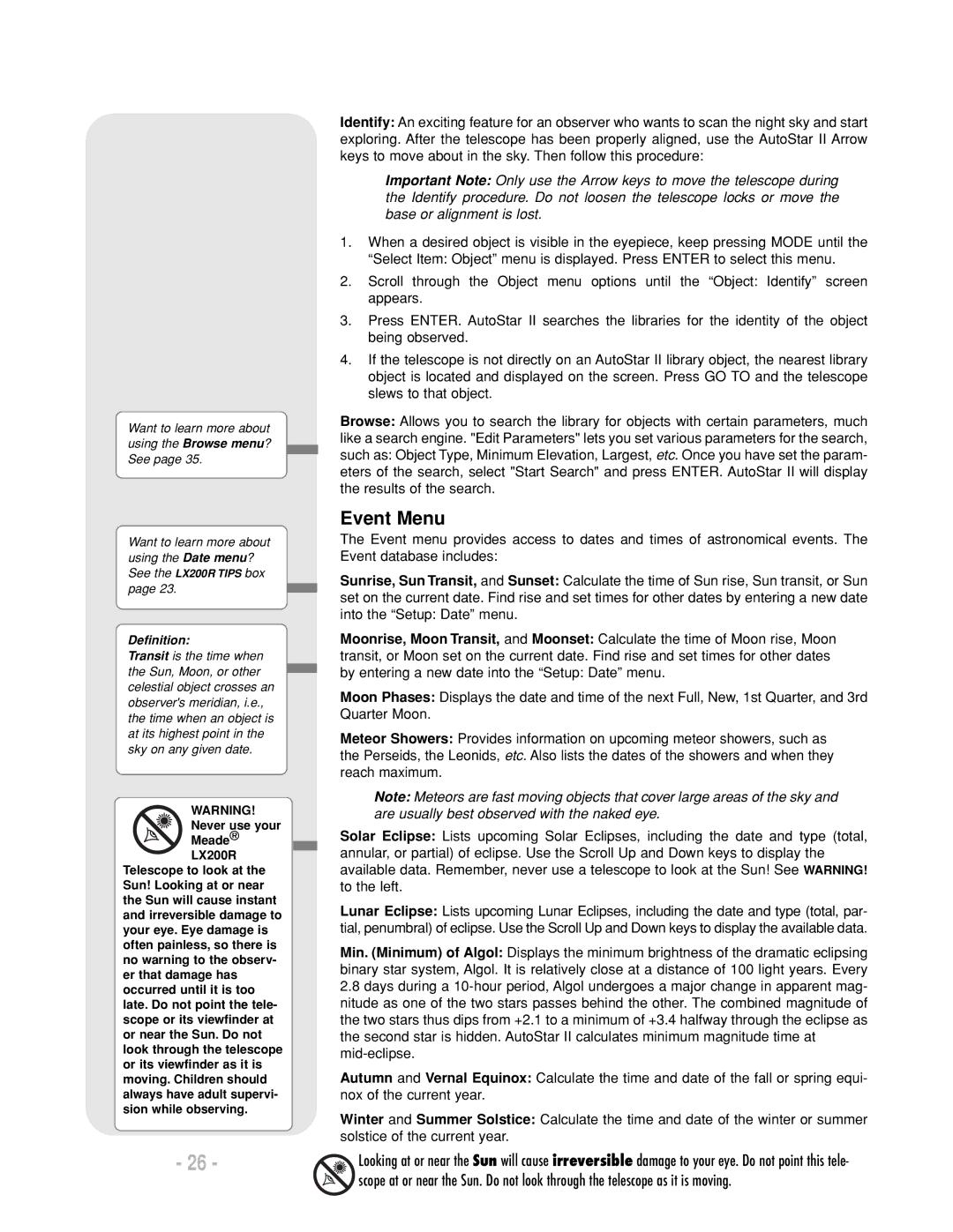 Meade LX200 R instruction manual Event Menu, Definition 