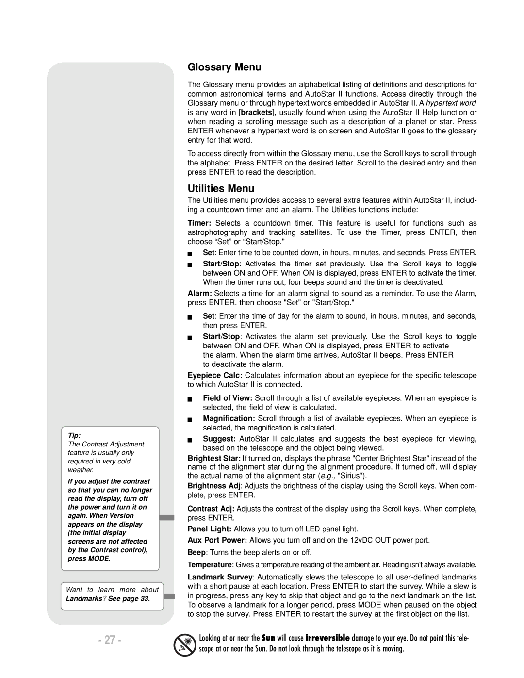 Meade LX200 R instruction manual Glossary Menu, Utilities Menu, Landmarks? See 